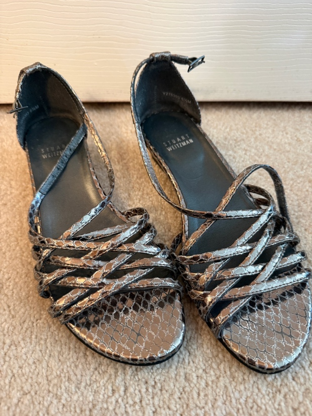 Stuart Weitzman Metallic Snake-Print Strappy Sandals - Silver/Bronze